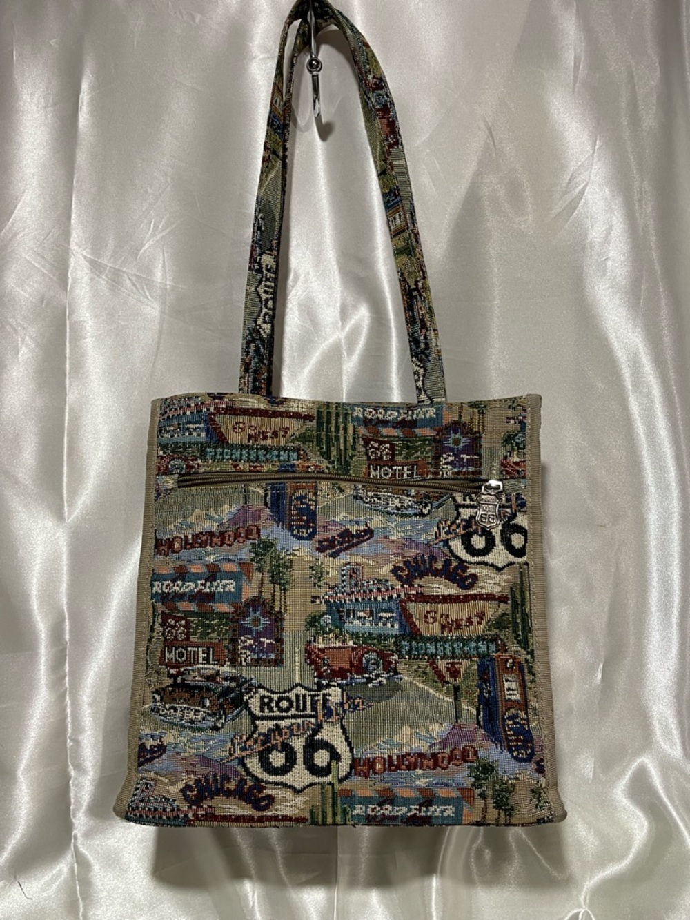 Iconic “Route 66”Americana Woven Tapestry Tote /Y2K Roads Trips Motif’s/JADE